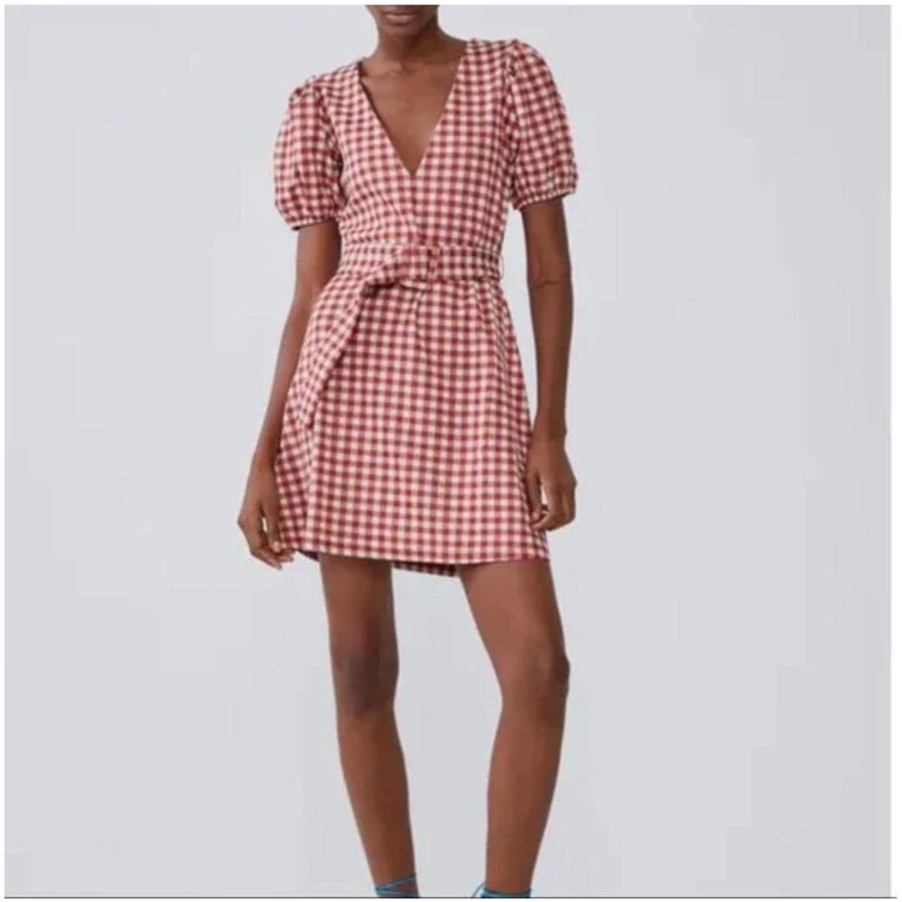 NWT! Zara Gingham red picnic belt dress fall harvest spring check Large